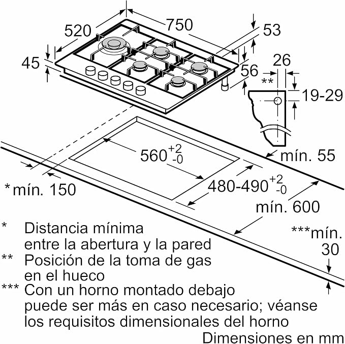 Bosch Serie 6 PCS7A5B90 – Placa de Gas 5 Quemadores con FlameSelect y Acero Inoxidable