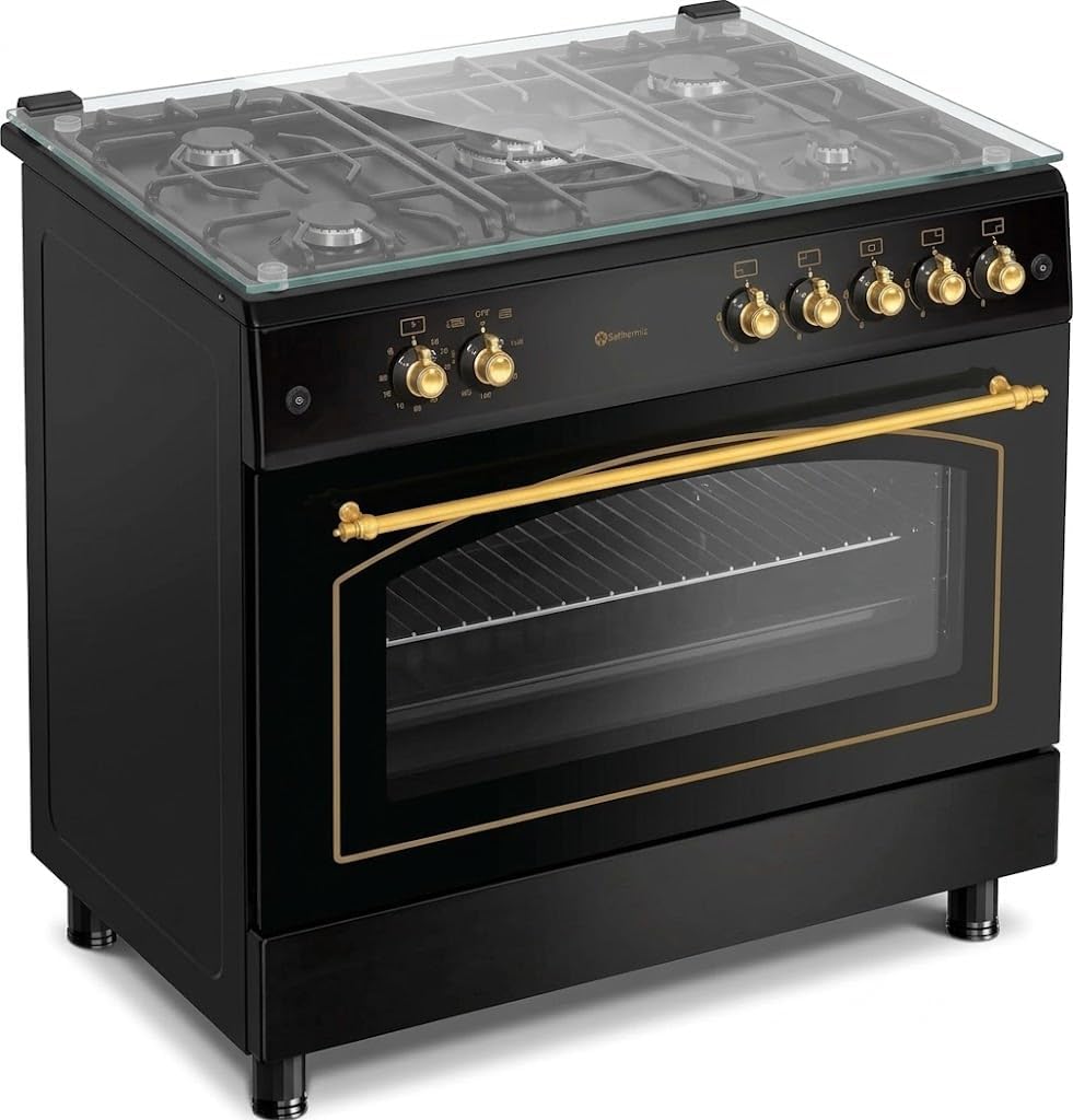 Cocina de Gas Rústica SOLTHERMIC F9L50G2RB Negra 90 cm – 5 Quemadores y Horno Panorámico de 115 Litros