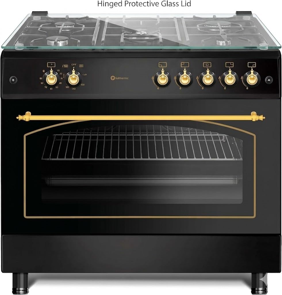 Cocina de Gas Rústica SOLTHERMIC F9L50G2RB Negra 90 cm – 5 Quemadores y Horno Panorámico de 115 Litros