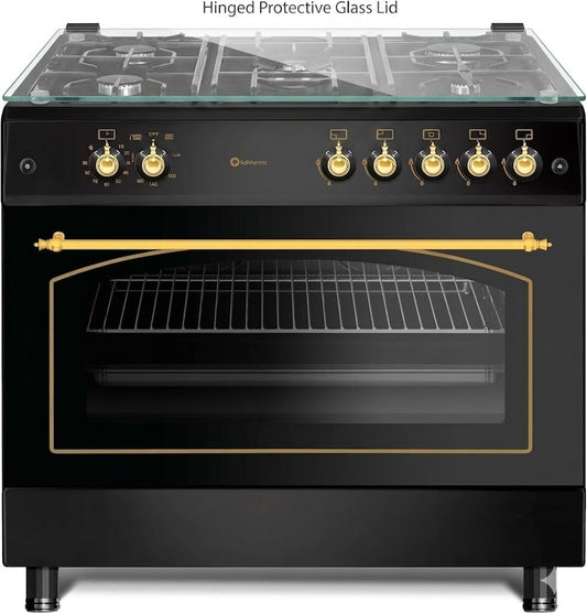 Cocina de Gas Rústica SOLTHERMIC F9L50G2RB Negra 90 cm – 5 Quemadores y Horno Panorámico de 115 Litros