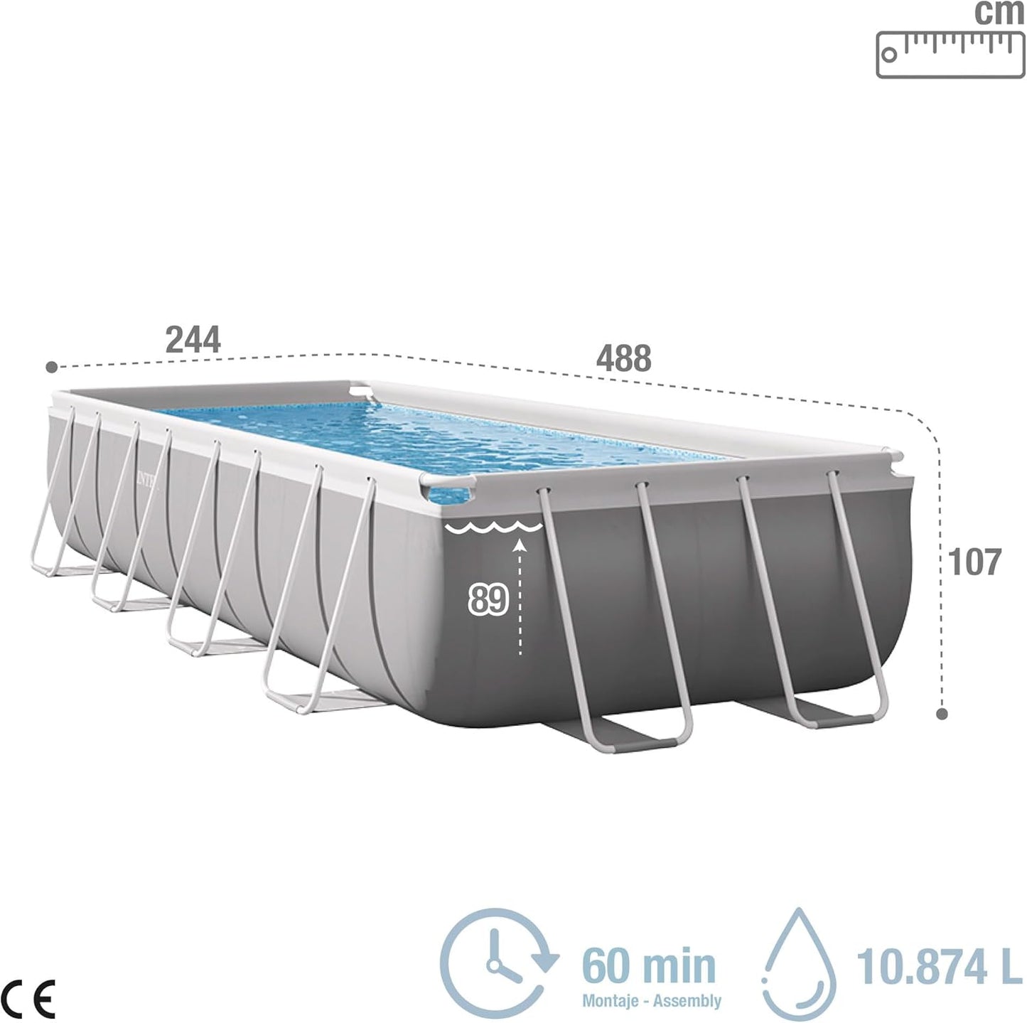 Piscina Tubular Rectangular Intex Prism Frame 4,88 x 2,44 x 1,07 m – Kit Completo con Depuradora y Escalera