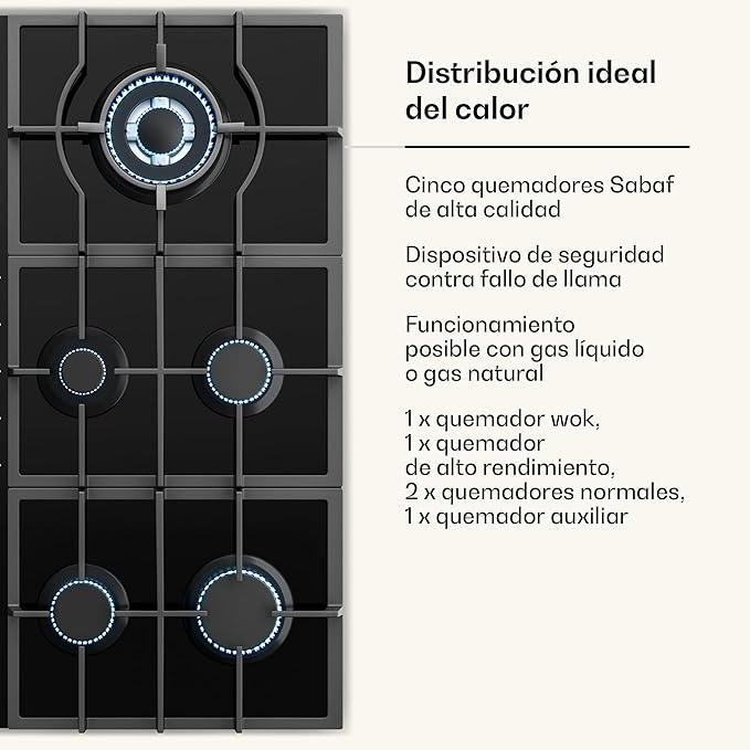Placa de Gas KLARSTEIN Victoria 90 cm – 5 Quemadores, 11.100W y Acero Inoxidable