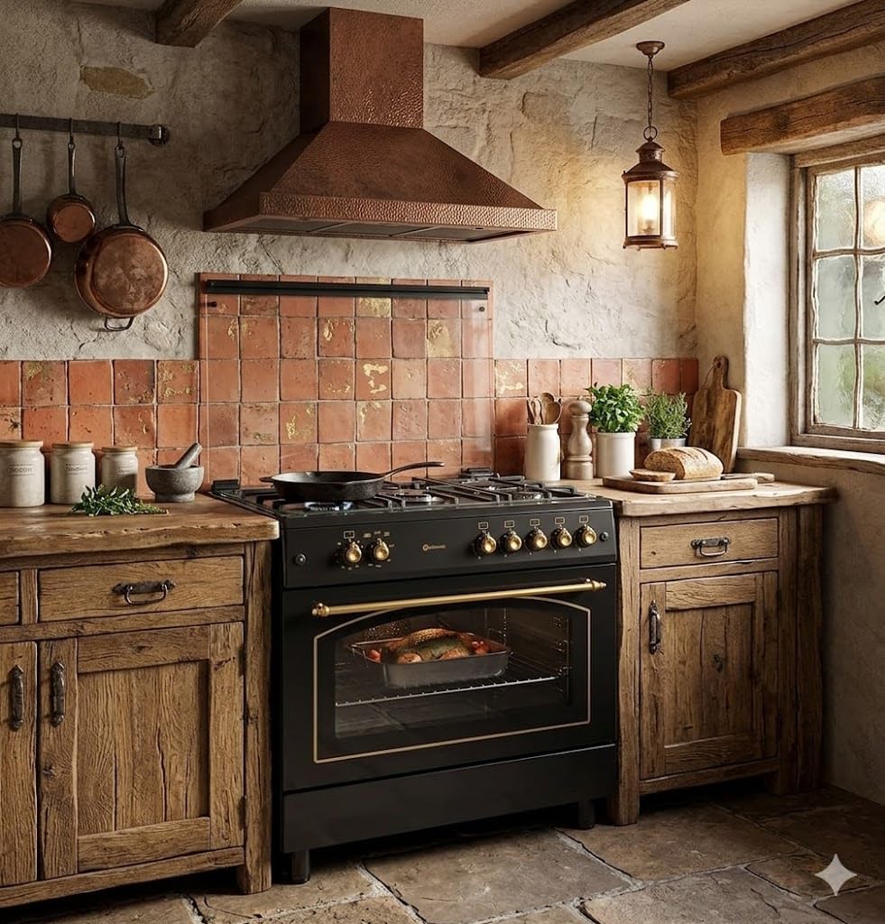 Cocina de Gas Rústica SOLTHERMIC F9L50G2RB Negra 90 cm – 5 Quemadores y Horno Panorámico de 115 Litros