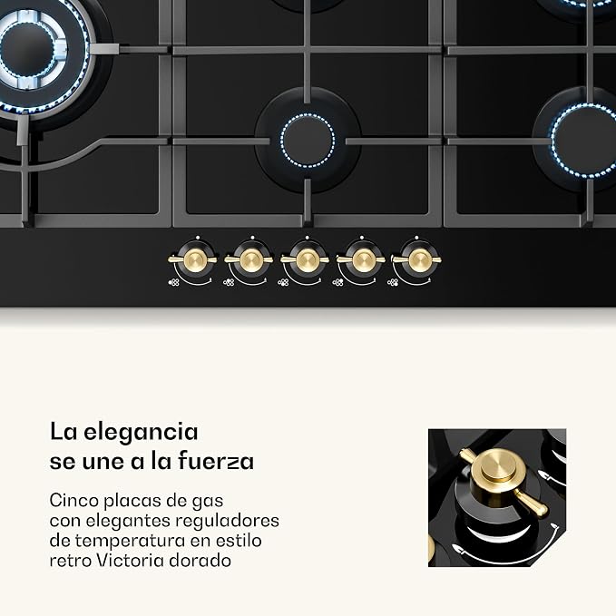 Placa de Gas KLARSTEIN Victoria 90 cm – 5 Quemadores, 11.100W y Acero Inoxidable