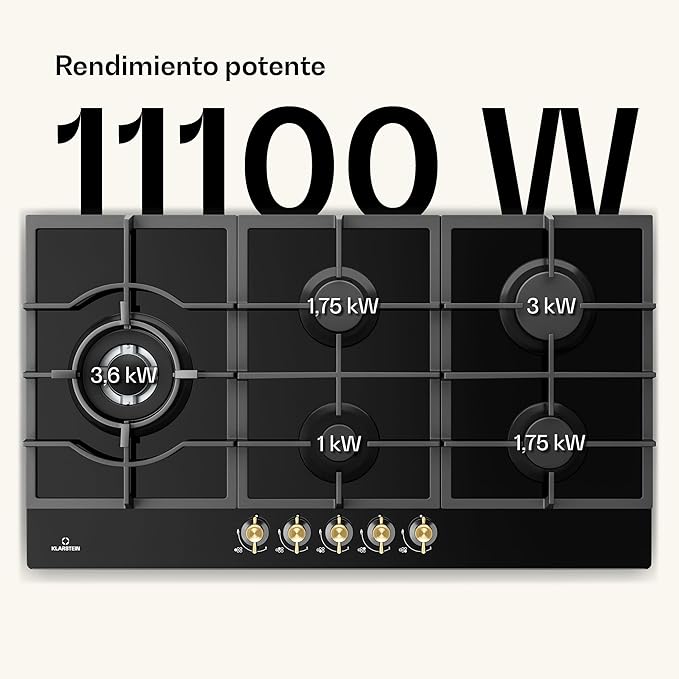 Placa de Gas KLARSTEIN Victoria 90 cm – 5 Quemadores, 11.100W y Acero Inoxidable