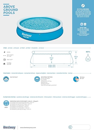 Piscina Autoportante Bestway Fast Set Redonda 366 x 76 cm – Instalación Rápida – 5.377 Litros